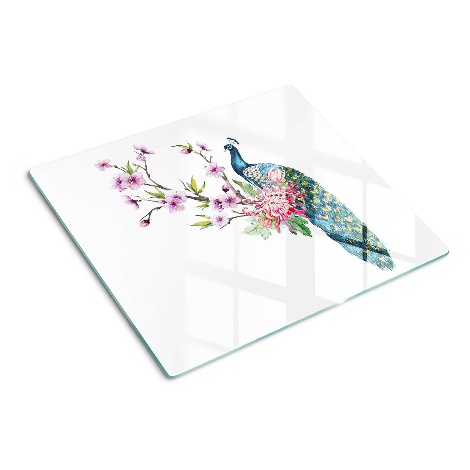 GLASPLATTE 60x52 cm Pfau und Blumen - Multicolor, Glas (60/0.4/52cm) - TULUP