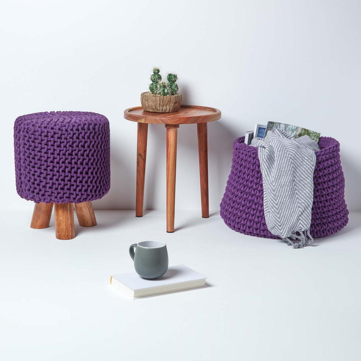 STRICK-HOCKER weinrot, Dreibein 32/32/42 cm - Weinrot, Textil (32/42/32cm) - Homescapes