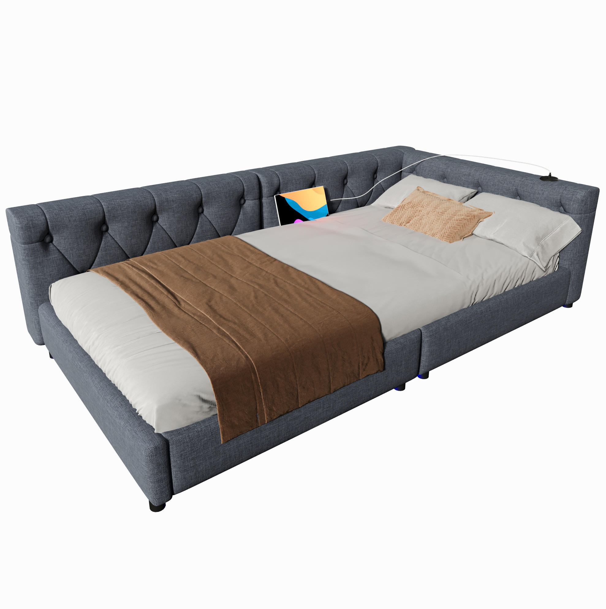 POLSTERBETT mit LED-Beleuchtung 90/200 cm mit gepolstertem Kopfteil und Lattenrost - Grau, Textil (90/200cm) - BEAOK