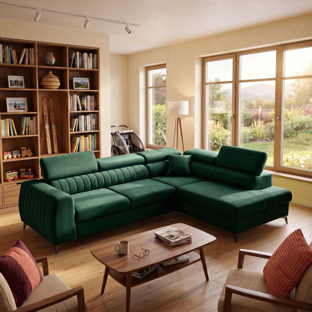 ECKSOFA PIERO L Rechts mit Schlaffunktion 195x125 Velours Dunkelgrün - Dunkelgrün/Schwarz, Holz/Textil (203/268cm) - Muffo
