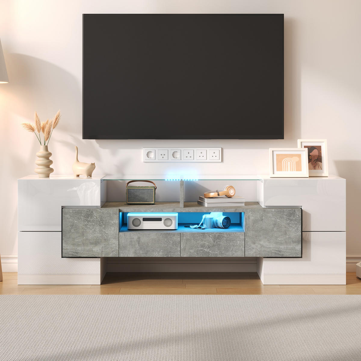TV-LOWBOARD 145/30/51 cm mit LED-Beleuchtung und 2 Schubladen - Weiß, Holzwerkstoff (145/51/30cm) - BEAOK
