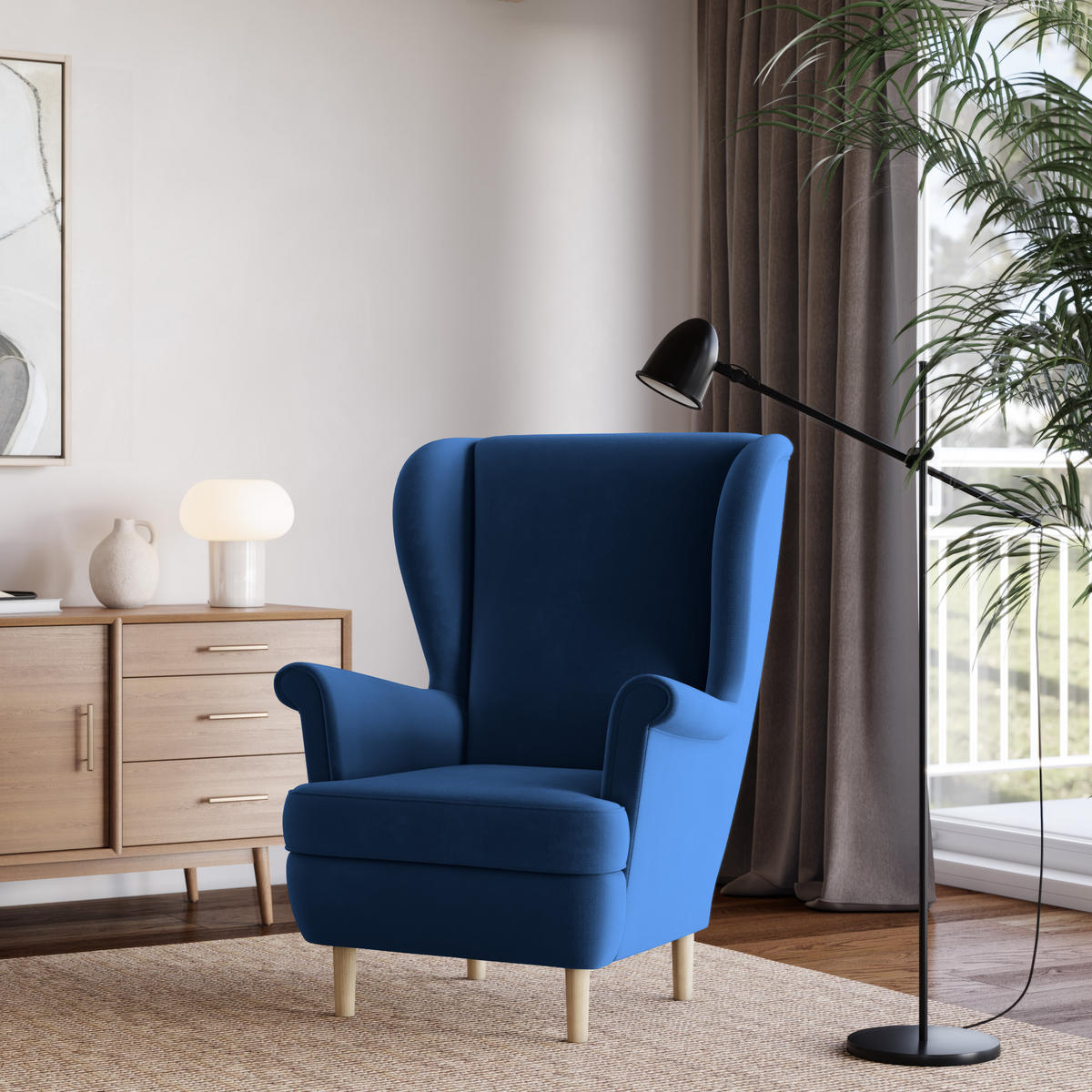 SESSEL LENTIO Ohrensessel Polstersessel, Blau - Blau, Holz/Holzwerkstoff (75/103/75cm) - MASSENO