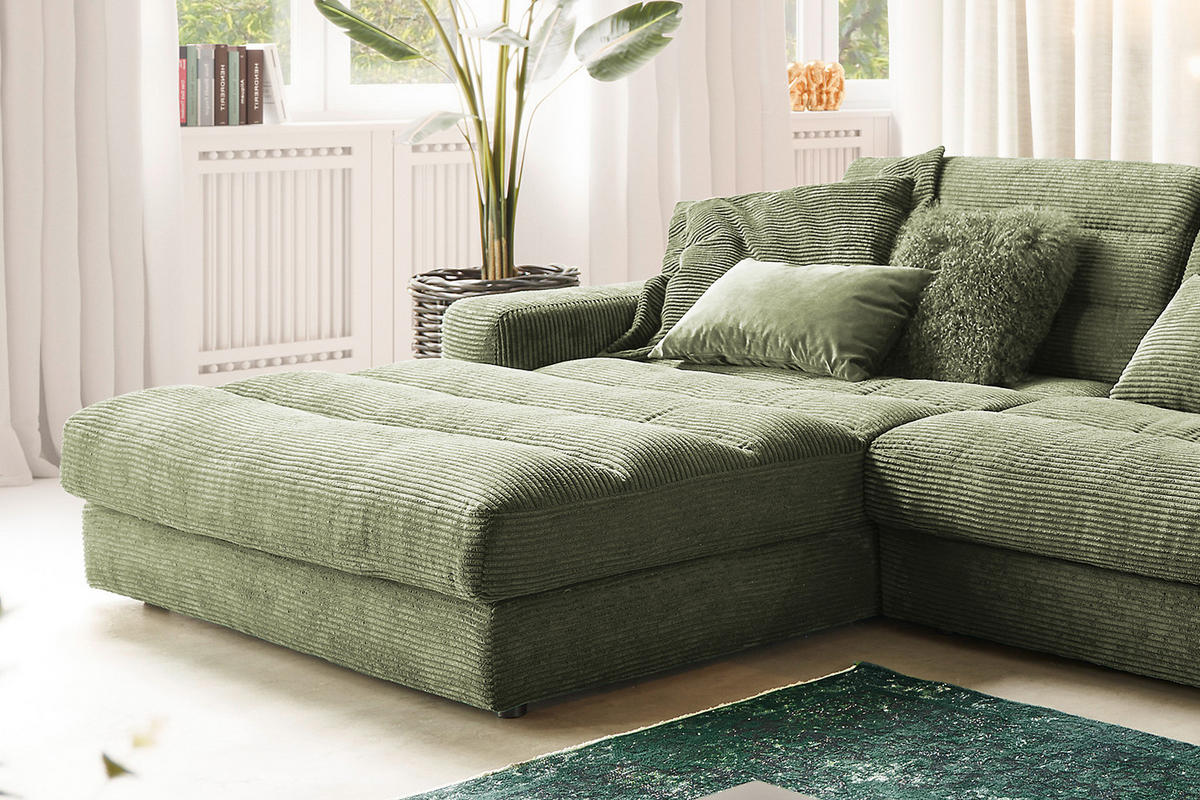 ECKSOFA XL LANA Grün Cord - Schwarz/Grün, Textil (416/205cm) - KAWOLA