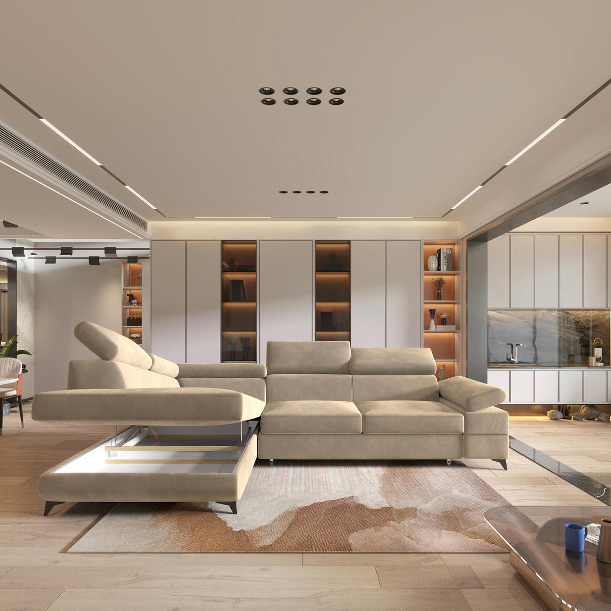 ECKSOFA FAVIEN L-S Creme Velours-Stoff mit Schlaffunktion - Creme, Holz (257/190cm) - MASSENO