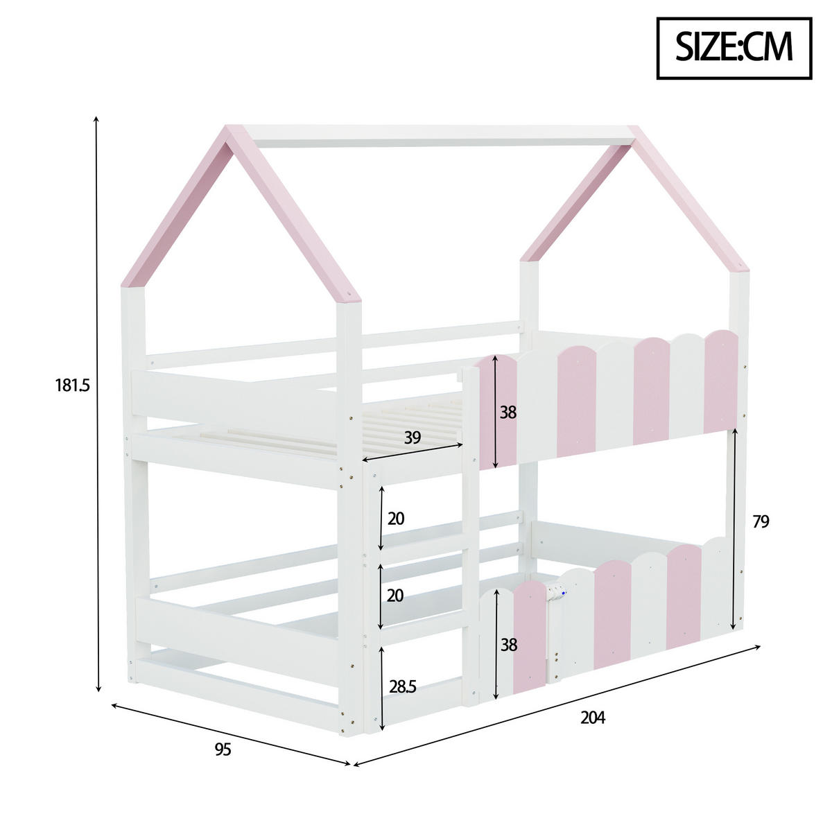 ETAGENBETT 90/200 cm DE-01478, in Rosa, mit Hausdesign und Sicherheitsgeländer - Pink, Holz (90/200cm) - ComfortXL