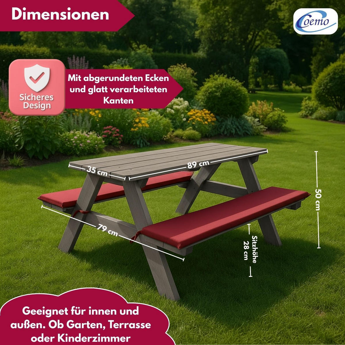 KINDERSITZGRUPPE GARTEN Holz mit Sitzauflagen Farbe Grau 89/79/50 cm - Grau, Holz (79/50/89cm) - Coemo