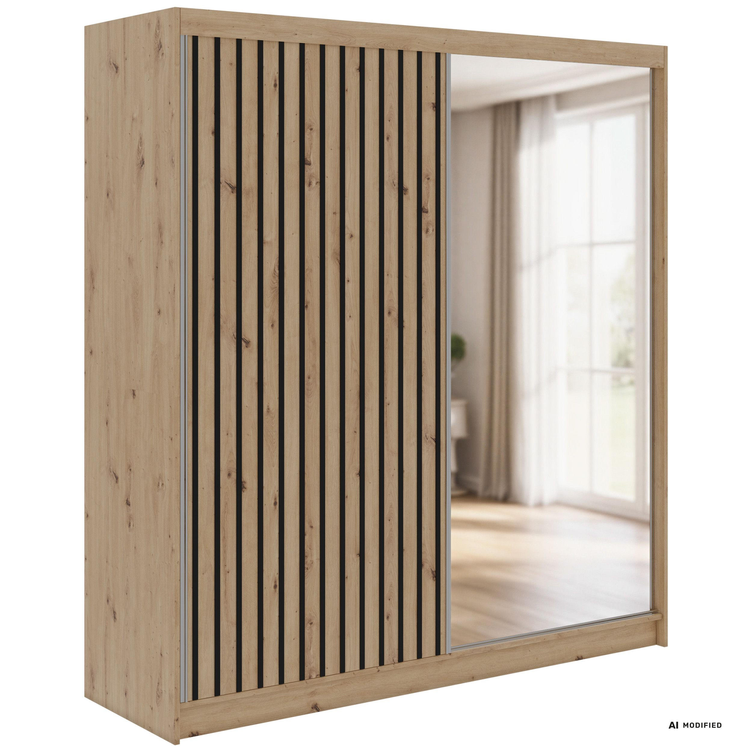 MKS Schwebetürenschrank Eiche Artisan, Schwarz 200x216x61 cm