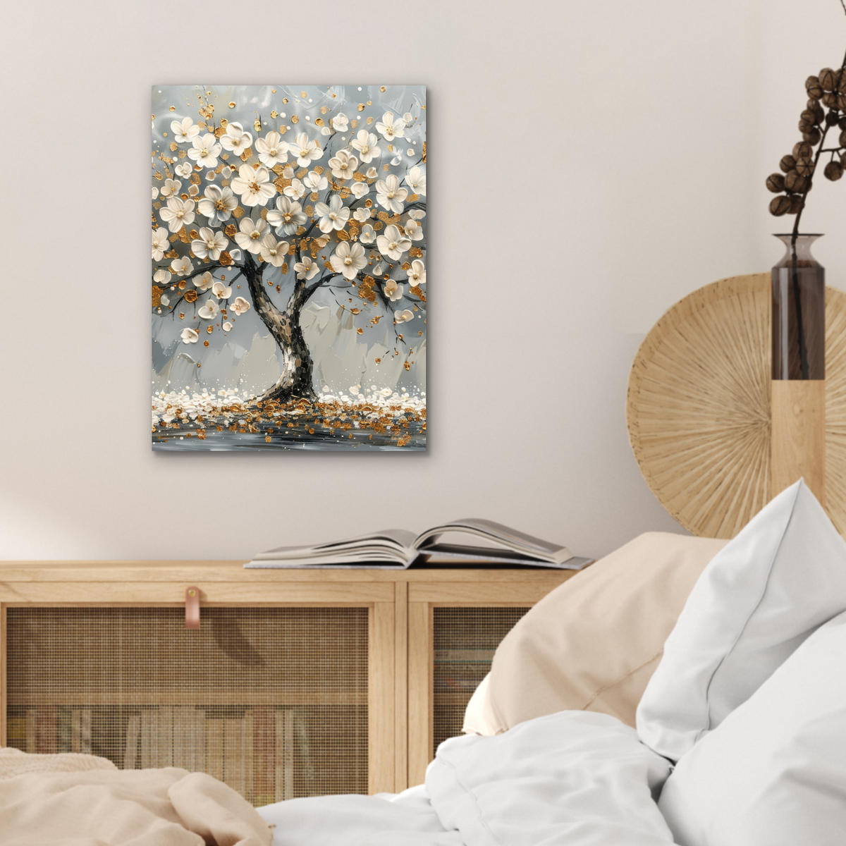 KOVOVÝ OBRAZ Strom - Kvety - Biela - Príroda - Umenie 30x40 cm - biela, kov (30/40cm) - MuchoWow
