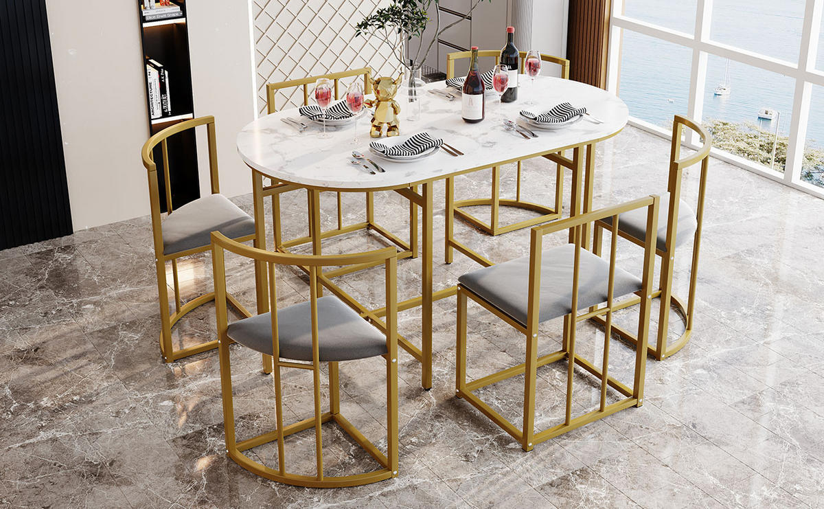 ESSZIMMER-SET 7-teilig mit ovalem Tisch und goldfarbenem Metallgestell, 6 Hockern mit dunkelgrauen Samtkissen, grau-gold - Goldfarben, Holzwerkstoff (80/76/140cm) - Luhomfu