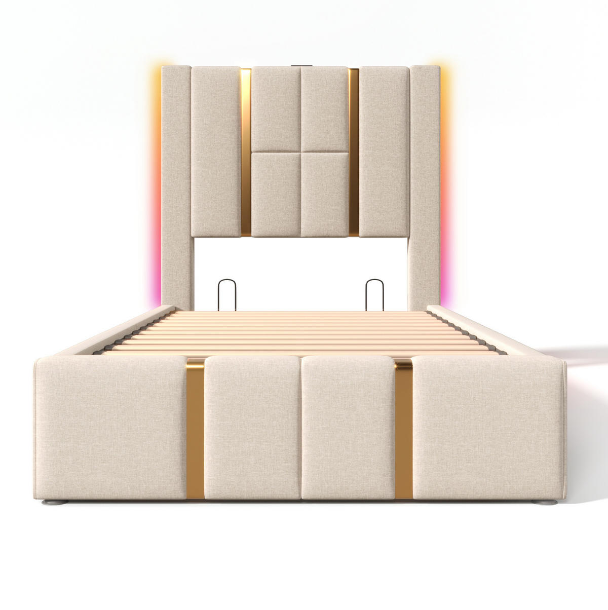 POLSTERBETT aus Leinenmaterial 90x200 cm Beige mit Bettkasten, LED-Beleuchtung, USB- und Typ-C-Anschluss - Beige, Textil (90/200cm) - IVMEU