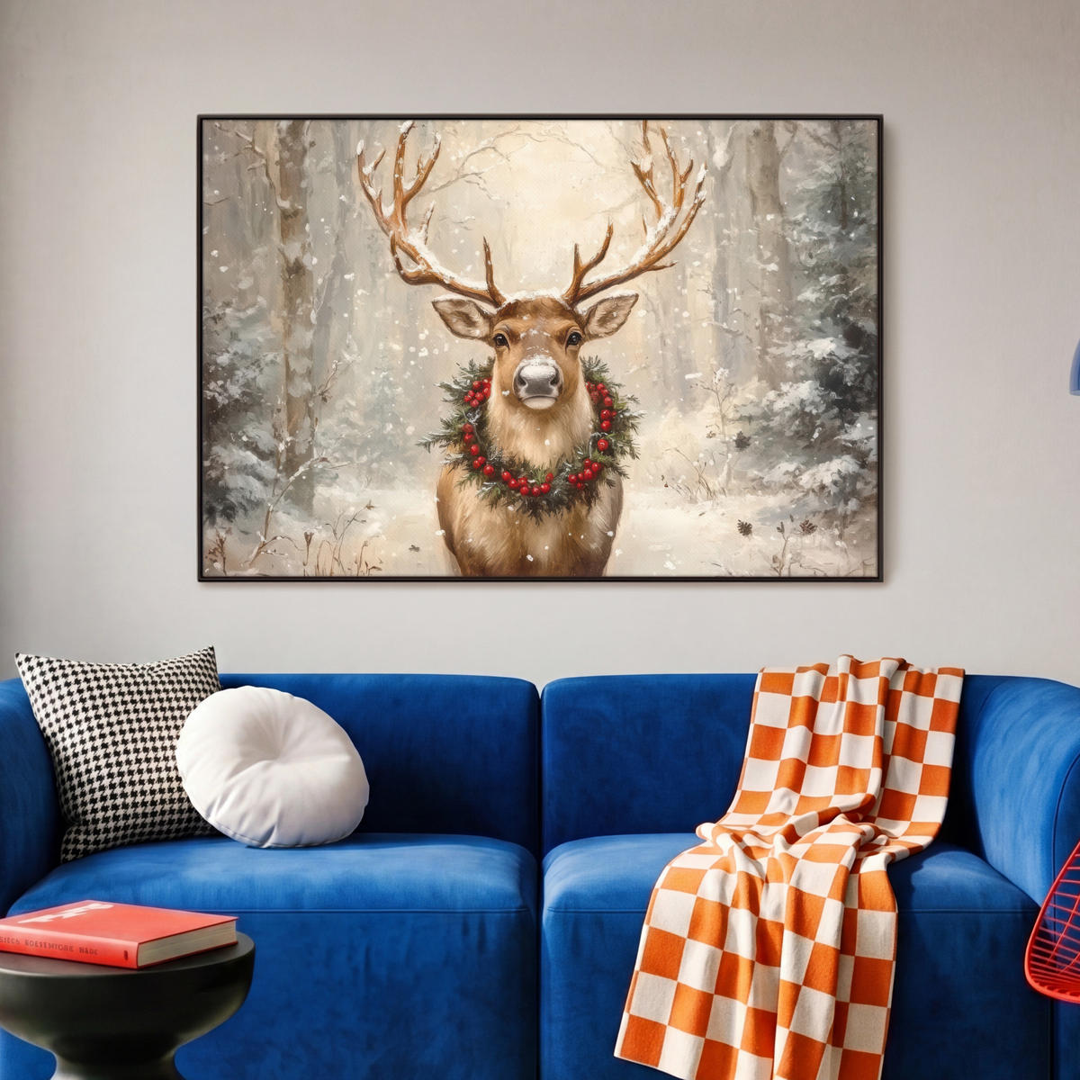 LEINWAND Bilder mit Rahmen - Weihnachten - Rentier - Winter - Kranz - 90x60 - Naturfarben, Textil (90/60cm) - MuchoWow
