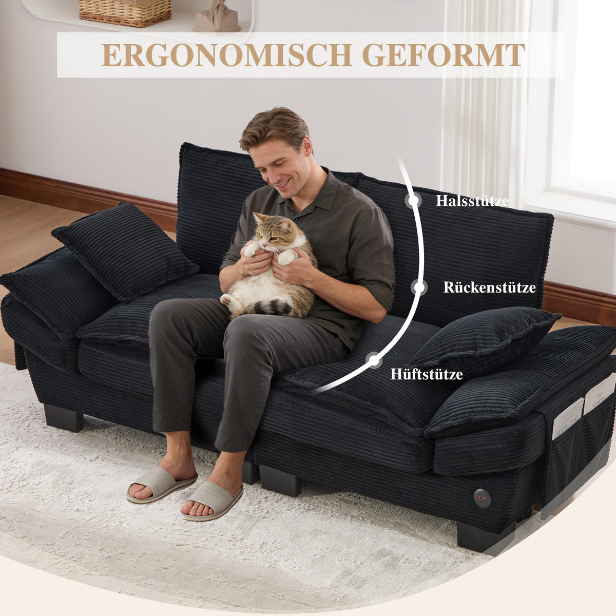 2-SITZER SOFA Cord Schwarz mit USB-C und Seitentaschen - Schwarz, Holzwerkstoff/Kunststoff (190/84/73cm) - WISHDOR