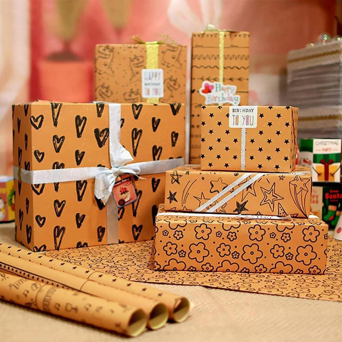 GESCHENKPAPIER Set 7 Blatt 70x50 cm mit Zubehör - Braun, Papier (50/0.1/70cm)