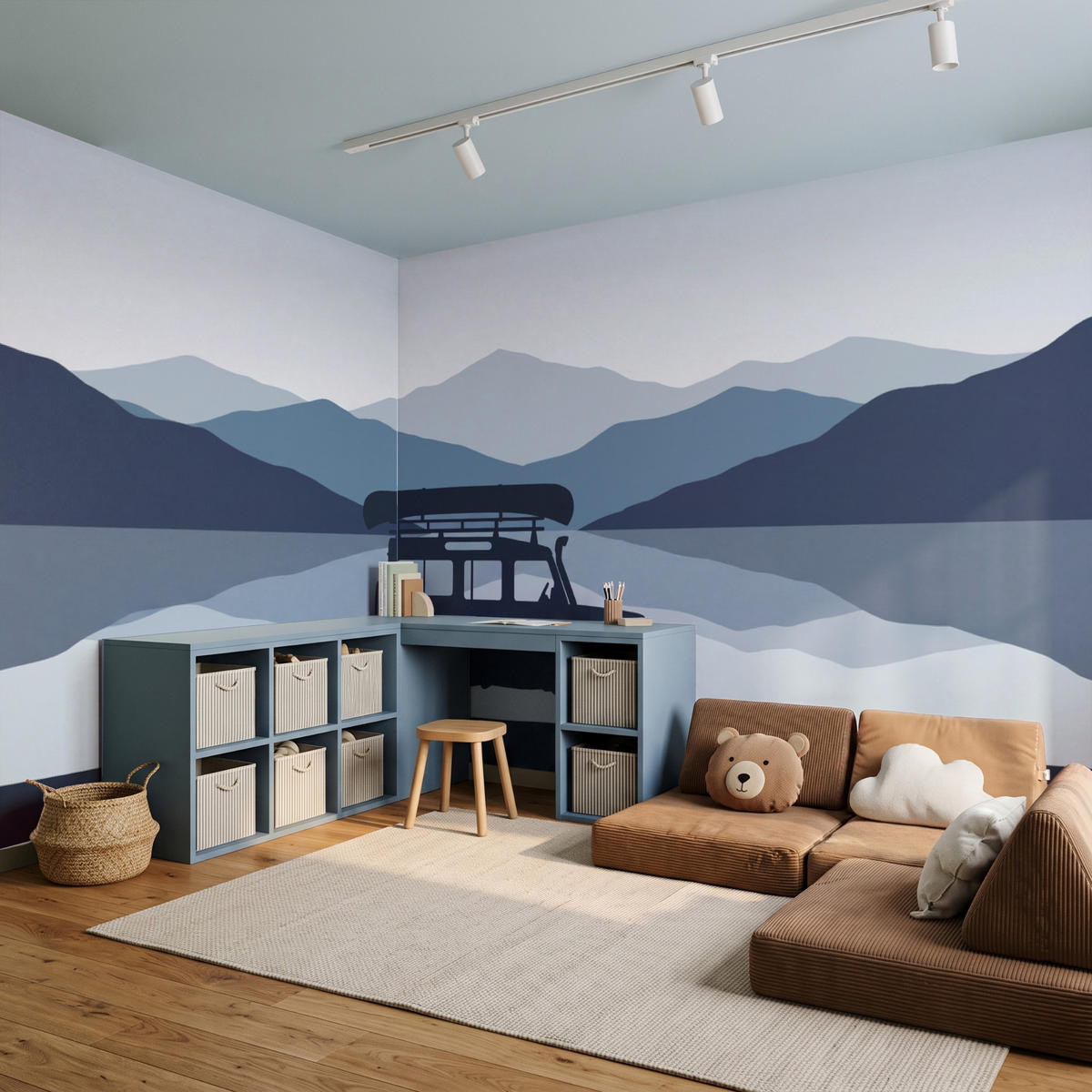 KINDERTAPETE - Auto - See - Berge - Blau - 500x200 cm - Blaugrau, Papier (500/200cm) - OnlyWow