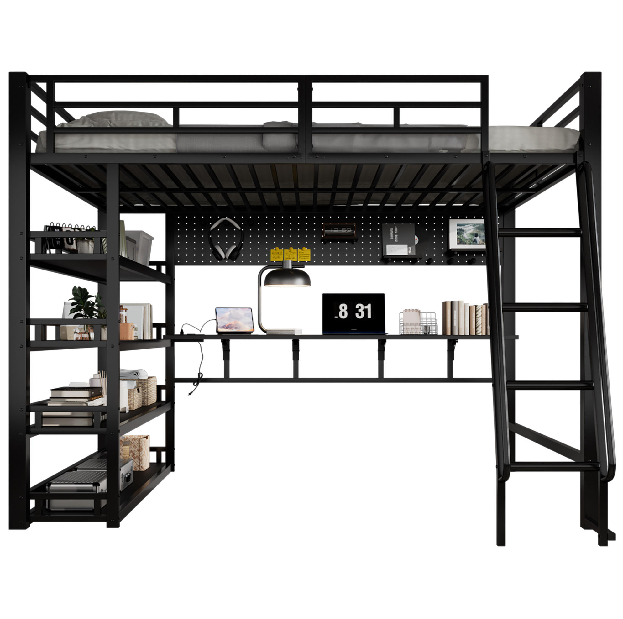 HOCHBETT 140/200 cm mit Ladeanschluss, Ablagen und Stauraum aus Metall und Holzwerkstoff, Schwarz - Schwarz, Metall (140/200cm) - Redom