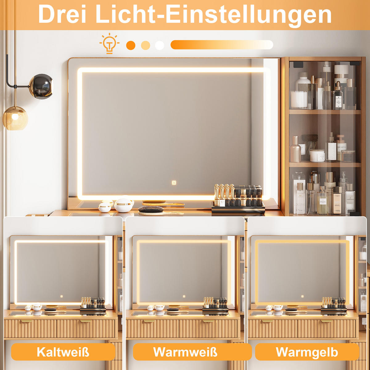 SCHMINKTISCH LED Spiegel USB Schubladen Weiß Modern - Naturfarben, Holzwerkstoff (133/136/40cm) - FLIEKS