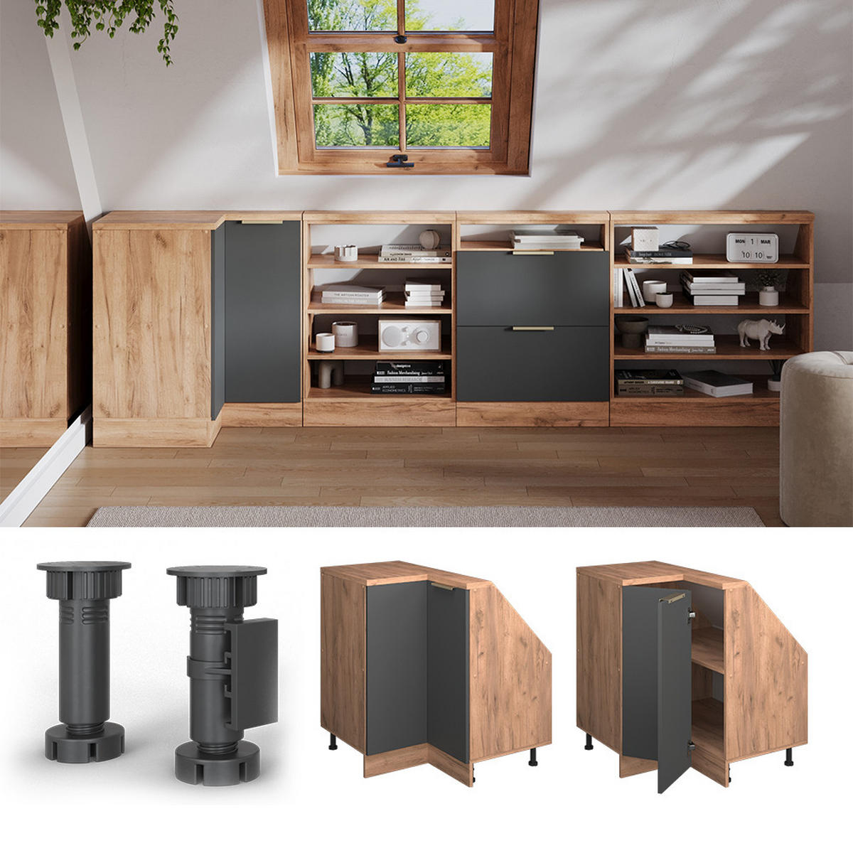 ŠIKMÁ SKŘÍŇ ROHOVÁ SKŘÍŇKA Rion Antracitově zlatý - medově dubová/antracitová, kompozitní dřevo (75.6/81.6/75.6cm) - Vicco