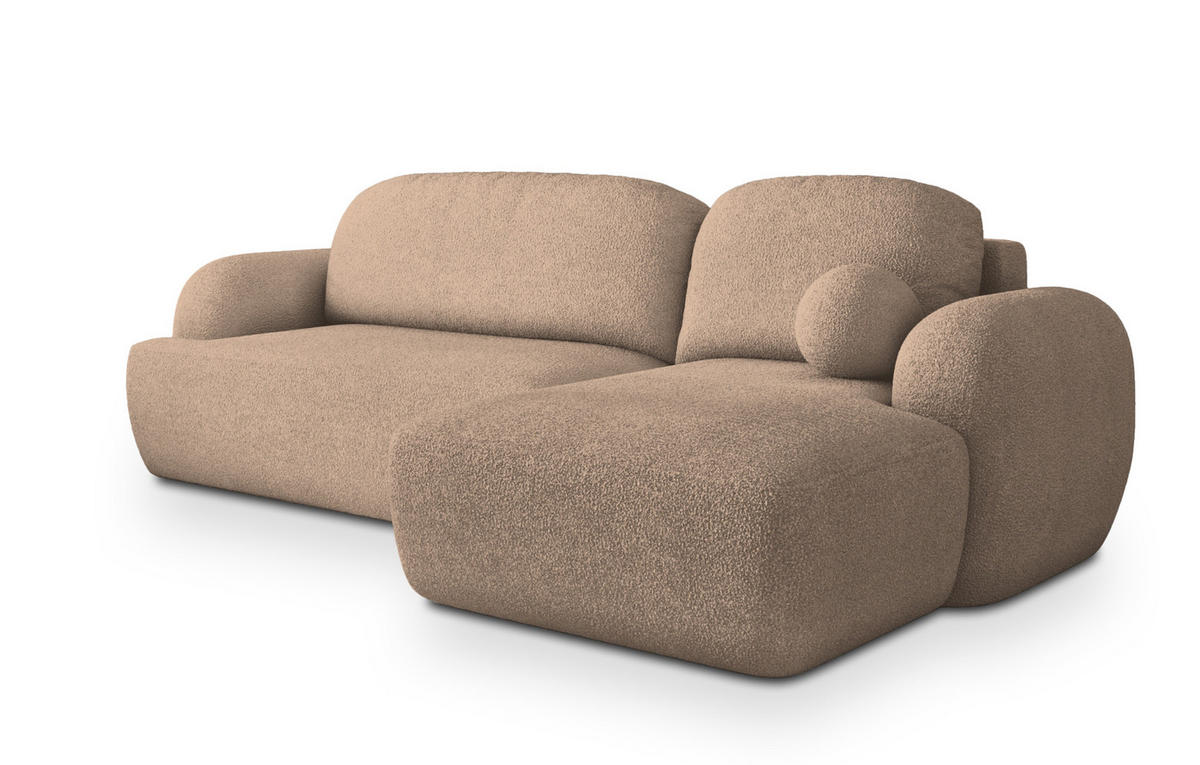 ECKSOFA MODENZA N R-S Beige Boucle-Stoff mit Schlaffunktion - Beige, Holz (266/148cm) - MASSENO