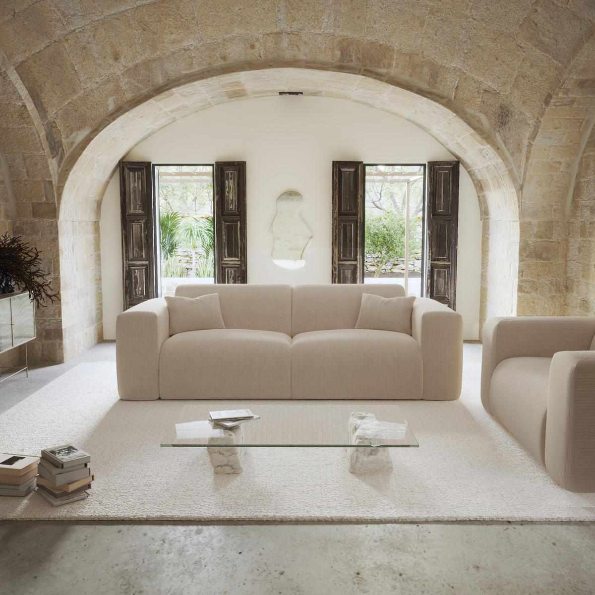 SCHLAFSOFA GERADE Gerippter Samt Beige 234.0 CENTIMETERScm - Beige, Textil (234/73/95cm) - Sia Home