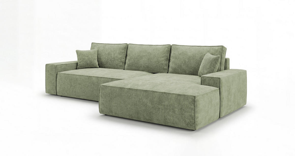 ECKSOFA VERONA rechts hellgrün Cord Poso 47 - Schlaffunktion, Bettkasten - Hellgrün, Textil (280/184cm) - Cornero