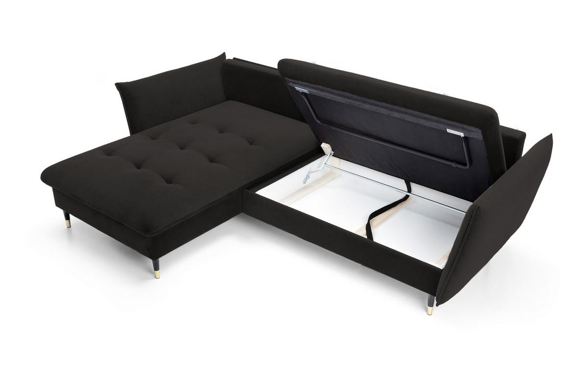 ECKSOFA GLAM mit Schlaffunktion, Ottomane & goldenen Füßen – Samtsofa im Glamour-Stil mit Zierkissen, 258x167x91cm, Linke, SCHWARZ - Schwarz, Holz/Textil (167/258cm) - DomoHome