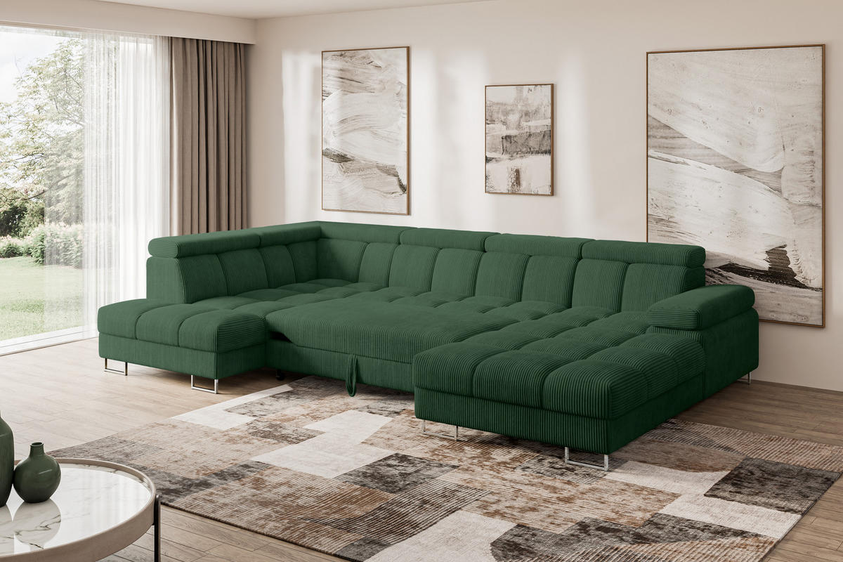 WOHNLANDSCHAFT mit Schlaffunktion und Bettkasten Ottomane Links COMA U 345x203x79 Grün Cord - Waldgrün, Holzwerkstoff/Textil (345/79/203cm) - ALTDECOR