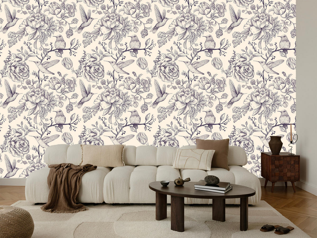 VLIESTAPETE Kolibris und Blüten – Grau, Creme – 50x1000 cm - Creme/Grau, Papier (50/1000cm) - Muralo