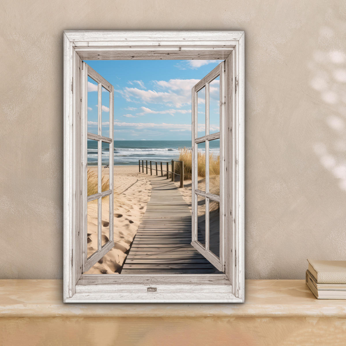 LEINWANDBILD Fenster - Meer - Küste - Natur - Ausblick - Strand - Wattenmeer 20x30 cm - Beige, Textil (20/30cm) - MuchoWow