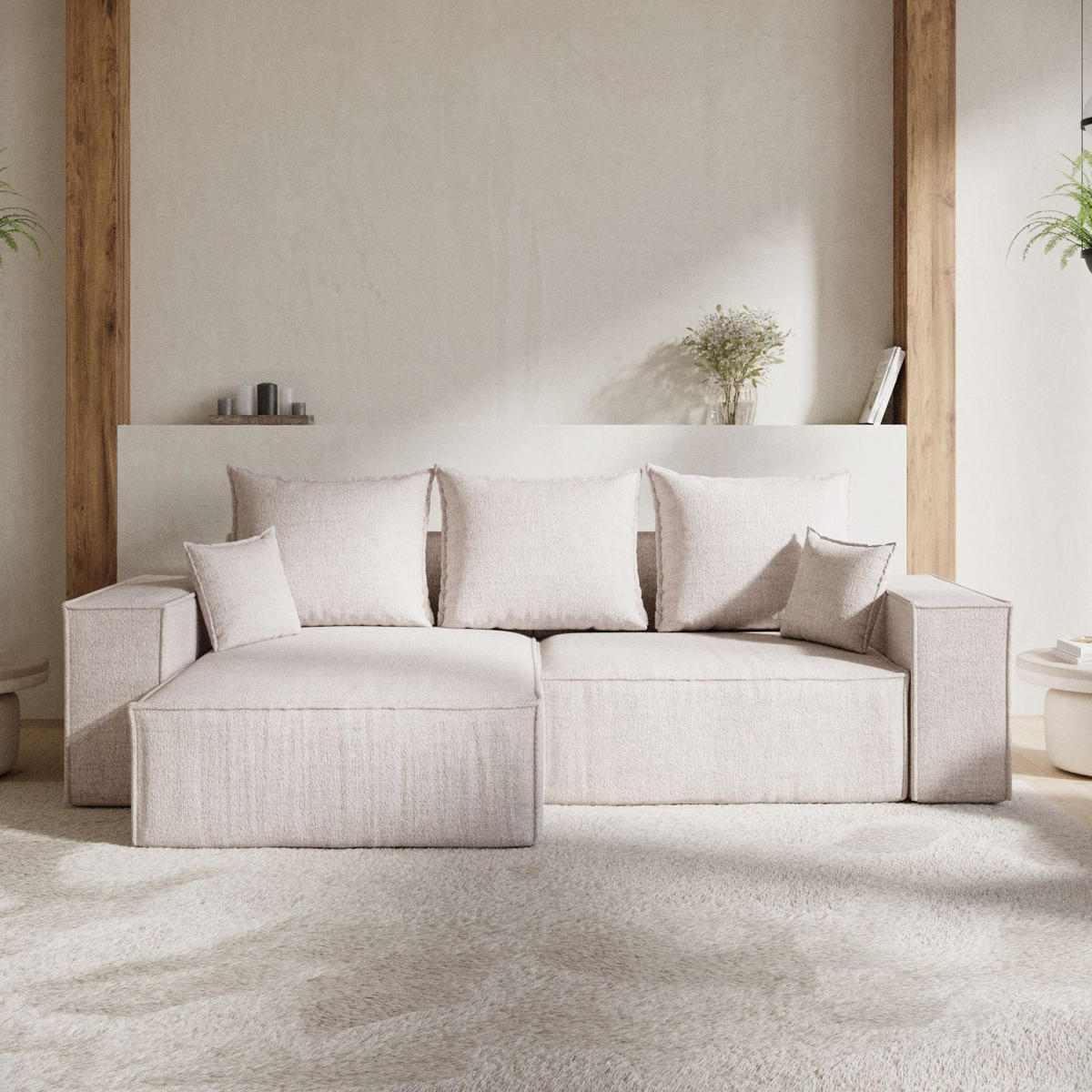 ECKSOFA SENSO mit Schlaffunktion Hellbeige im Neve Stoff - Sandfarben/Schwarz, Holz/Holzwerkstoff (255/148cm) - AltaBeds