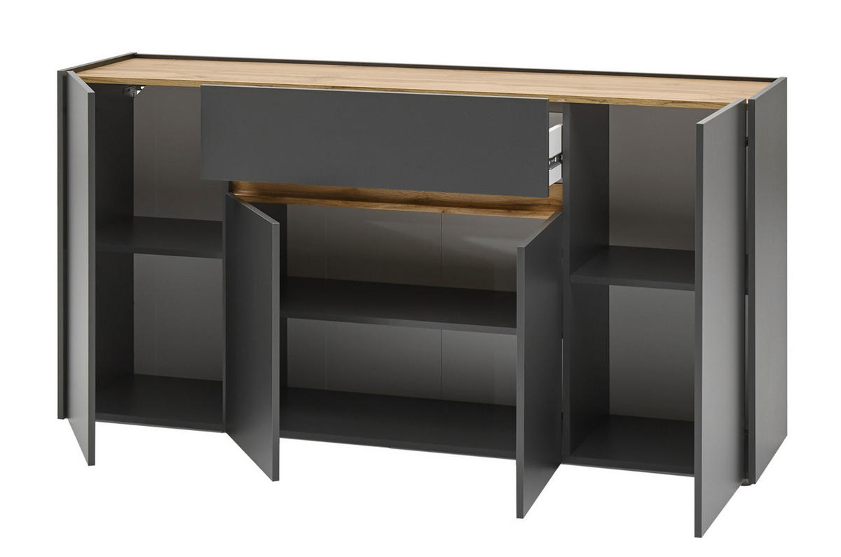 SIDEBOARD grau matt, Eiche Wotan 170 cm, Kommode 4-türig - Eiche Wotan/Schwarz, Holzwerkstoff/Kunststoff (170/87/40cm) - Furn.Design