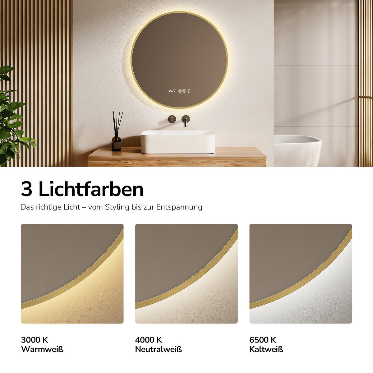 BADSPIEGEL mit LED-Beleuchtung, Anti-Beschlag-Funktion und Uhrzeitanzeige, Goldfarben, Ø 80 cm - Goldfarben, Glas (80/80/3cm) - EMKE