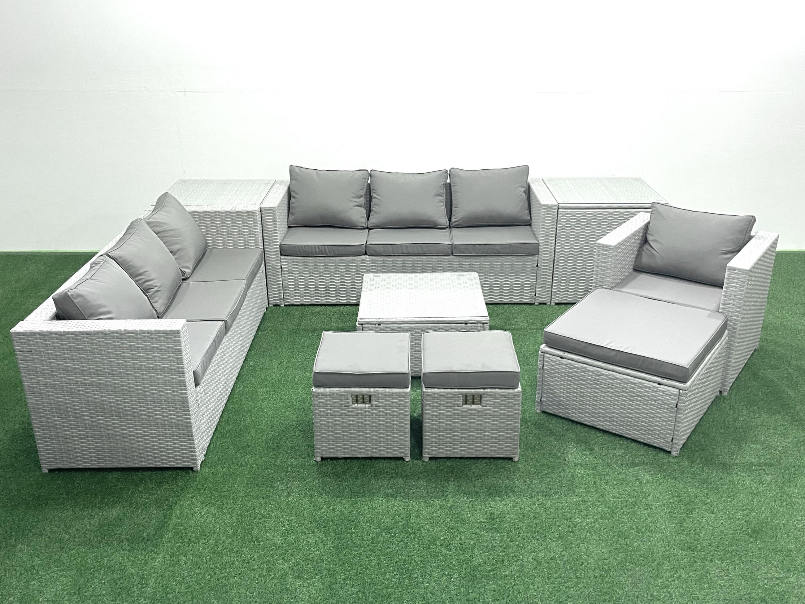 GARTENMÖBEL-SET mit Kissen Polyrattan Hellgrau-Mix 10-Sitzer - Hellgrau/Grau, Glas/Kunststoff - Fimous