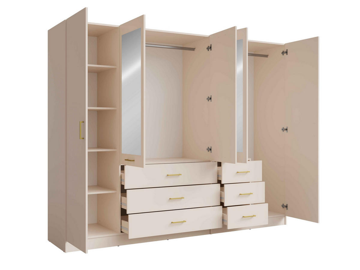 DREHTÜRENSCHRANK NEVARIS 250/200,5/58cm 5-türig mit Spiegel Sandbeige - Sandfarben, Holzwerkstoff (250/200.5/58cm) - MASSENO