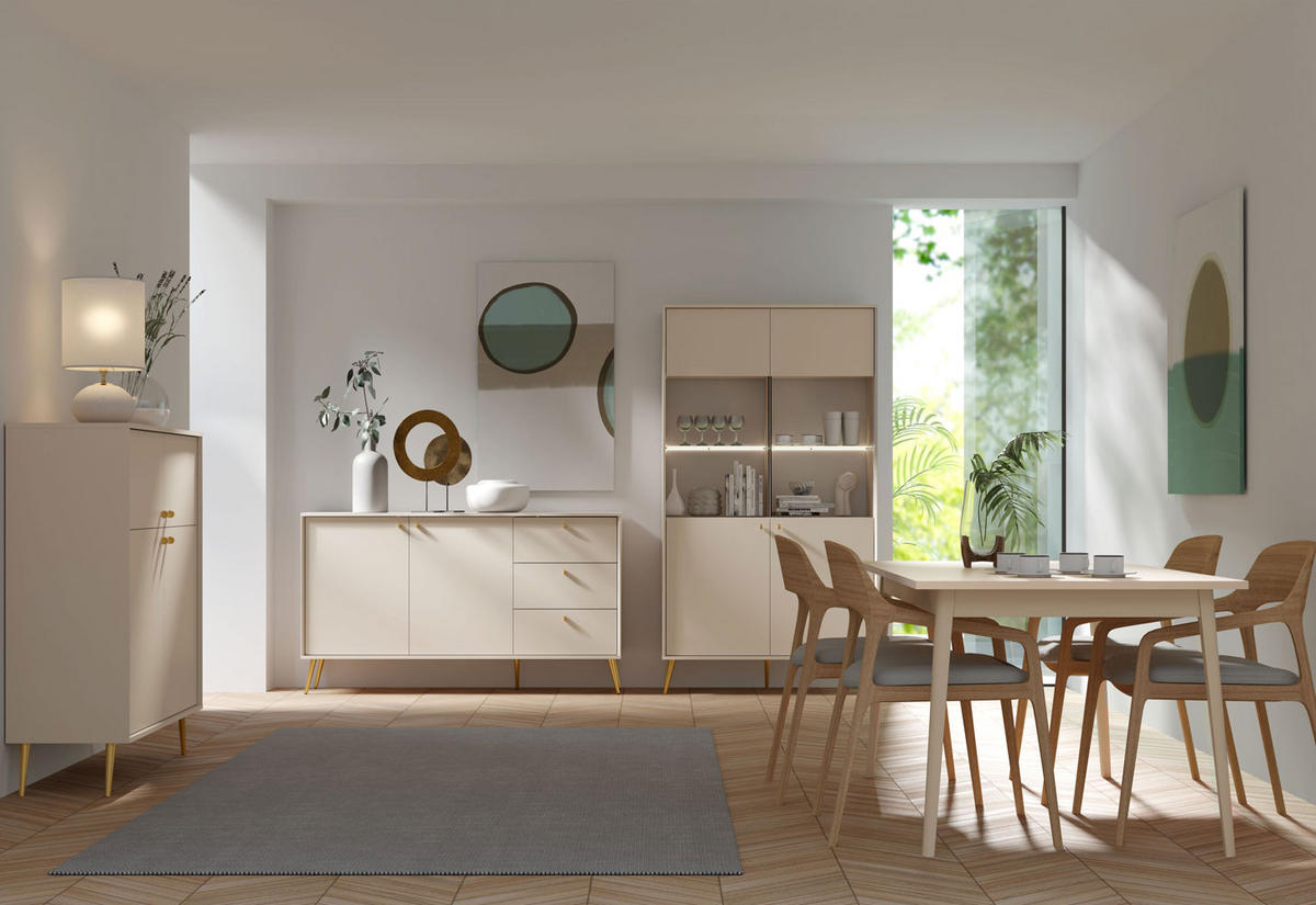 WOHNZIMMER SET 4-TEILIG Rose sandbeige 366,5 / 66 / 191cm - Beige/Goldfarben, Holzwerkstoff/Metall (367/191/41cm) - Feldmann-Wohnen
