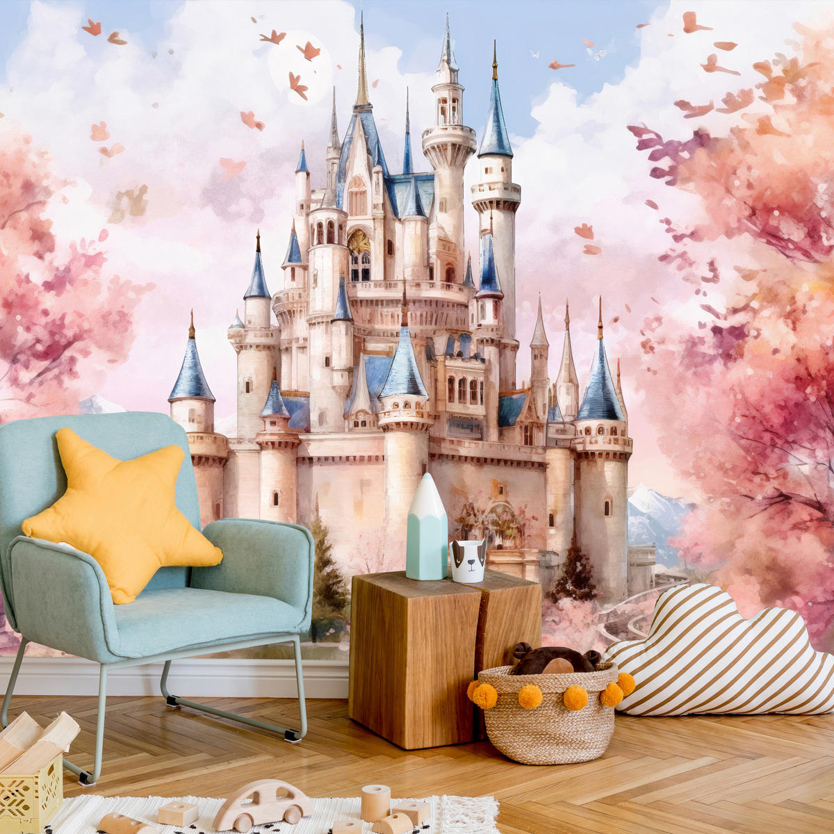 FOTOTAPETE für Kinderzimmer Märchenschloss Aquarell 300x210 - Blau/Violett, Papier (300/210cm) - Muralo