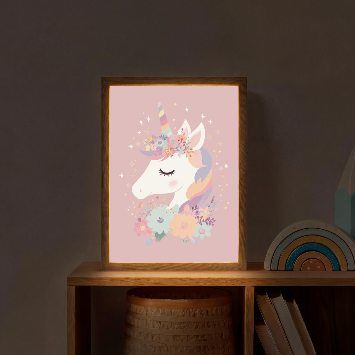 DOBÍJECÍ NOČNÍ LAMPIČKA Jednorožec - růžová - květiny 30x40 cm - růžová, kompozitní dřevo (8/30/40cm) - OnlyWow
