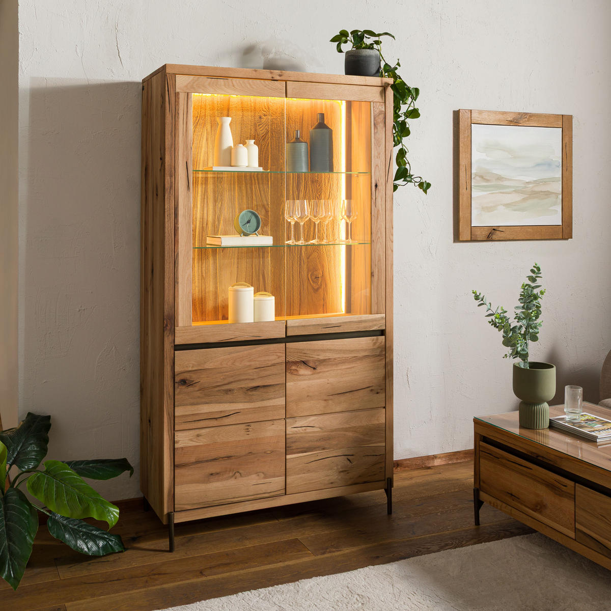 VITRINE Wild-/Zerreiche 105x47x195 natur geölt MONTREUX LUX #115 - Naturfarben, Holz (105/195/47cm) - Massivmoebel24