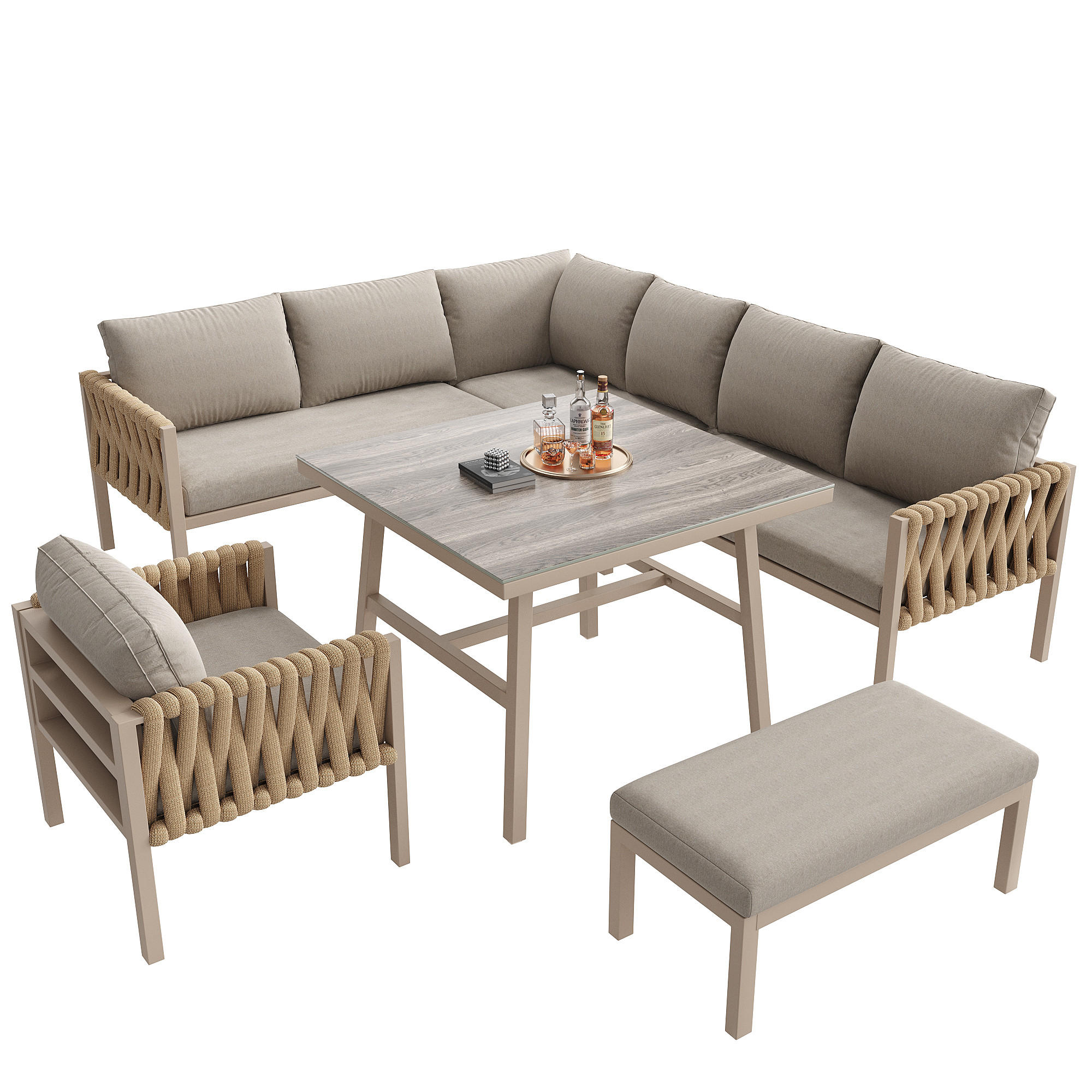 GARTENMÖBELSET 238/61/78 cm beige aus Metall und Polyester mit Seilgeflecht und Kissen - Beige, Metall - OKWISH