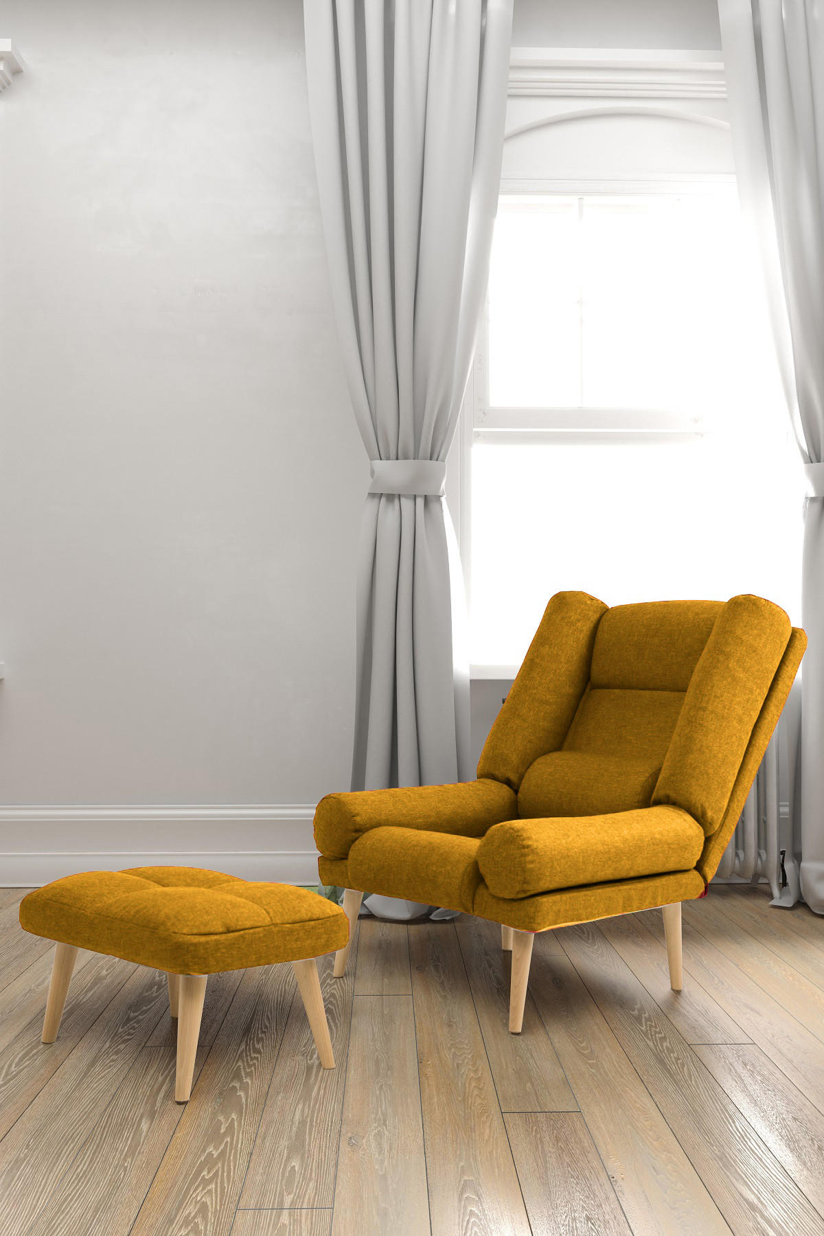 SESSEL Lola mit Fußhocker Rückenlehne 5-stufig einstellbar, dunkelgelb - Dunkelgelb, Holz/Kunststoff (75/100/60cm) - Margaret Hadas24