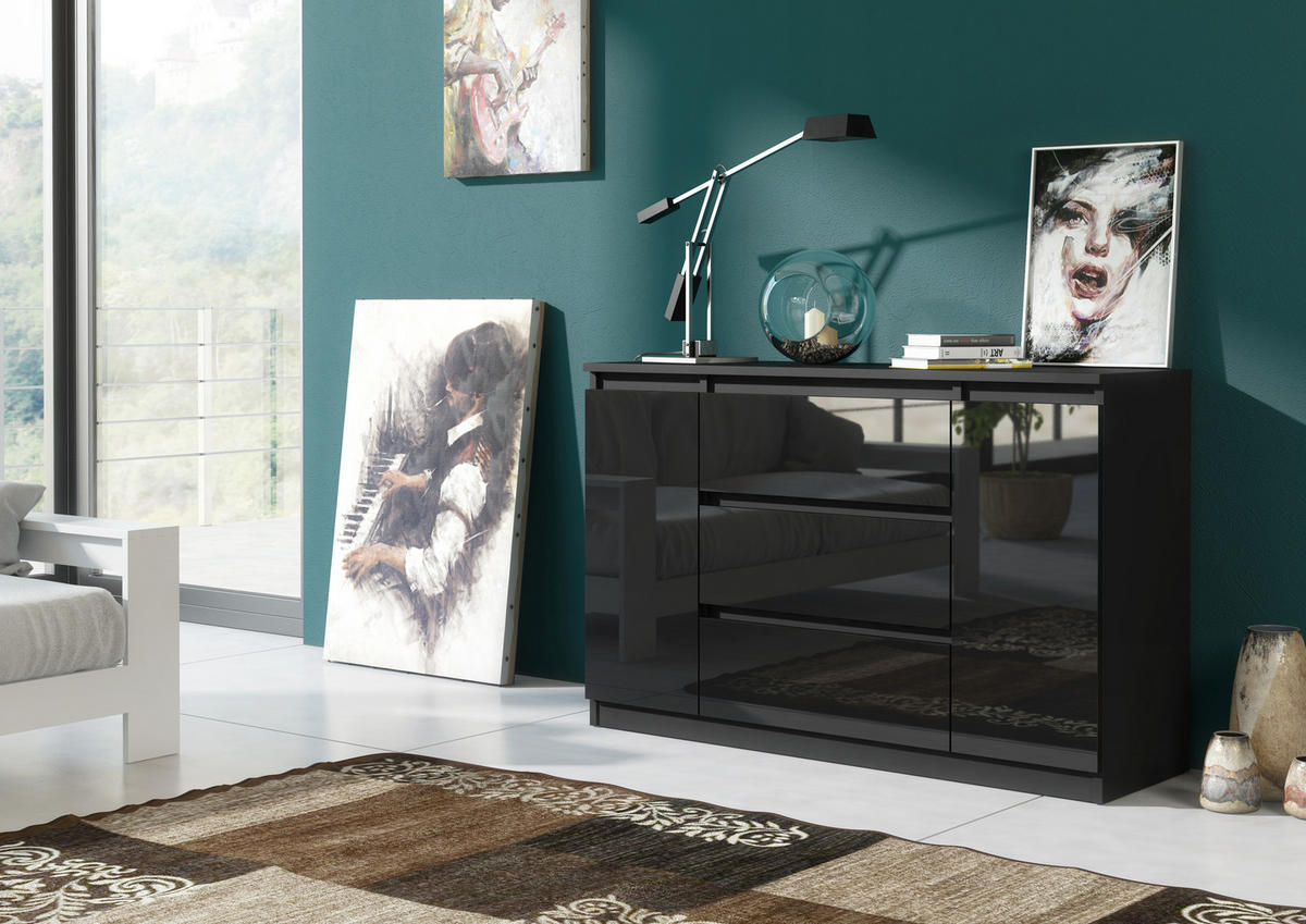 KOMMODE NUDO 120/78,5/39cm mit 3 Schubladen 2 Türen Schwarz - Schwarz Hochglanz/Schwarz, Holzwerkstoff (120/78.5/39cm) - MASSENO