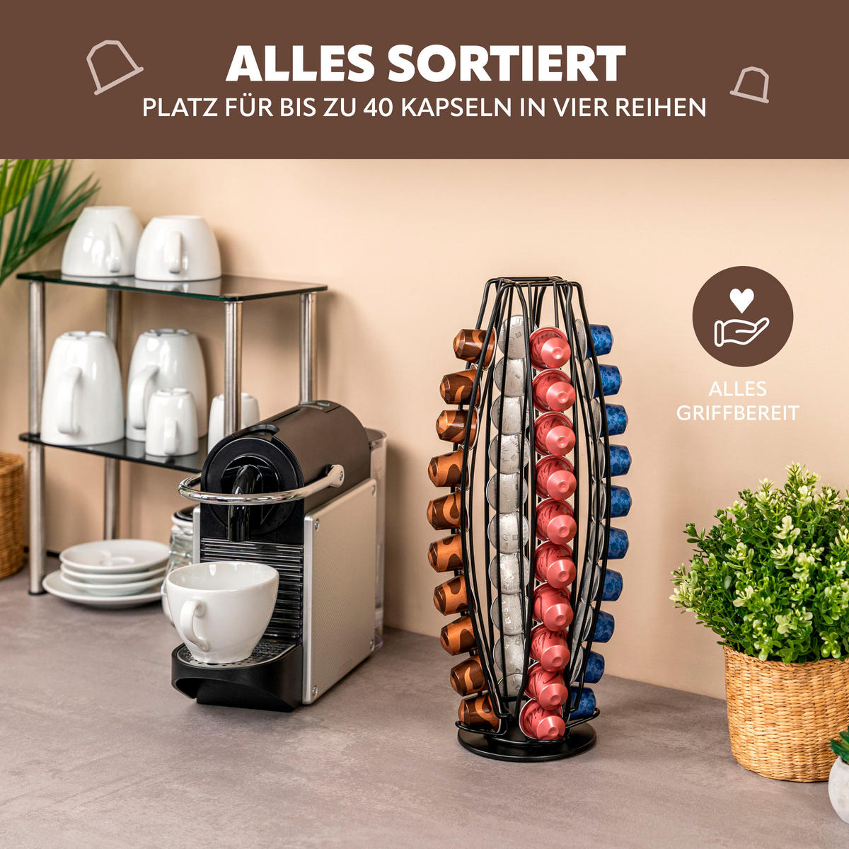 KAPSELSTÄNDER für Nespresso, 40 Kapseln, schwarz - Schwarz, Metall (12.5/37.5/12.5cm) - eluno