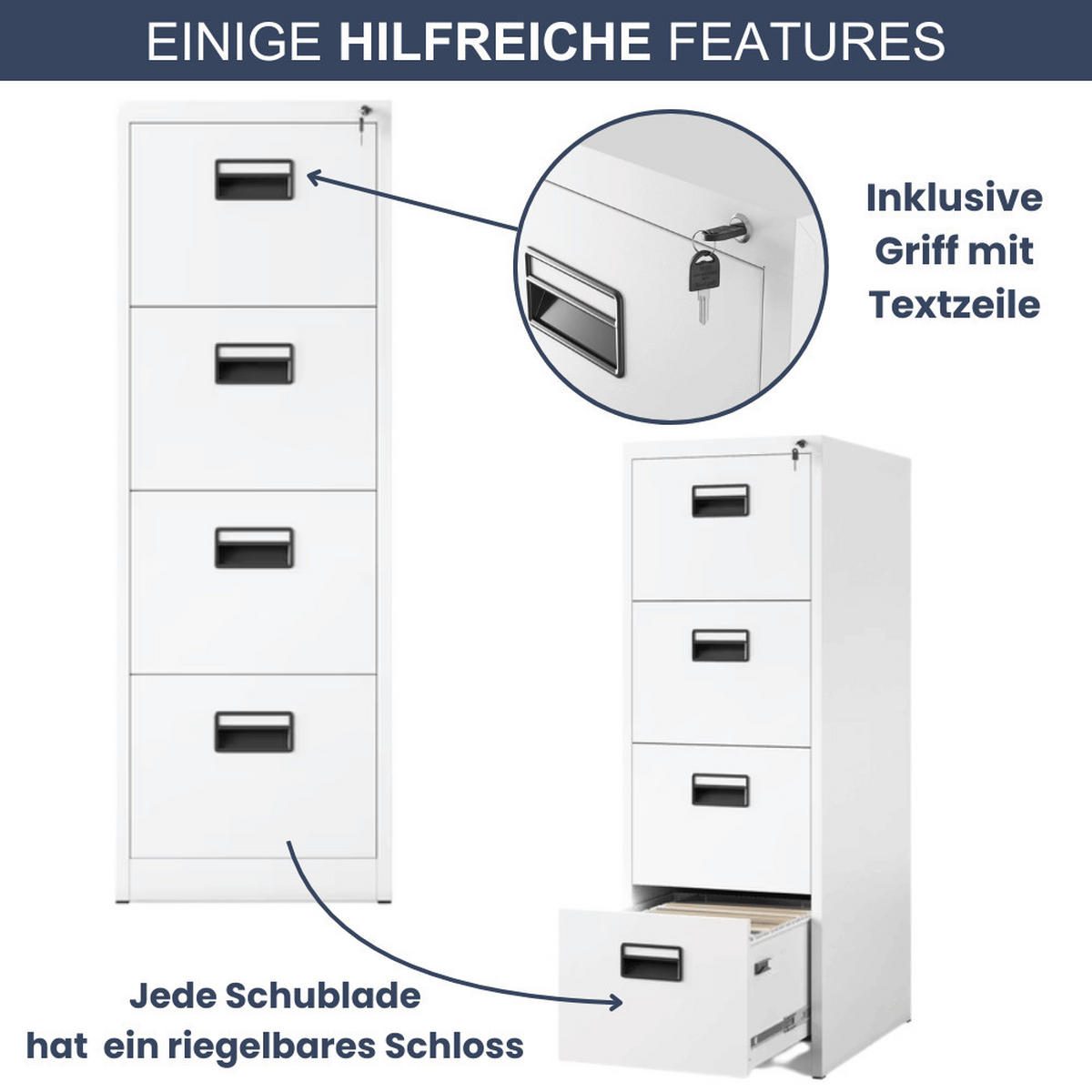 HÄNGEREGISTERSCHRANK abschließbar SARA 4 Schubladen 132x46x62cm Weiß - Weiß, Metall (46/132/62cm) - Jan Nowak