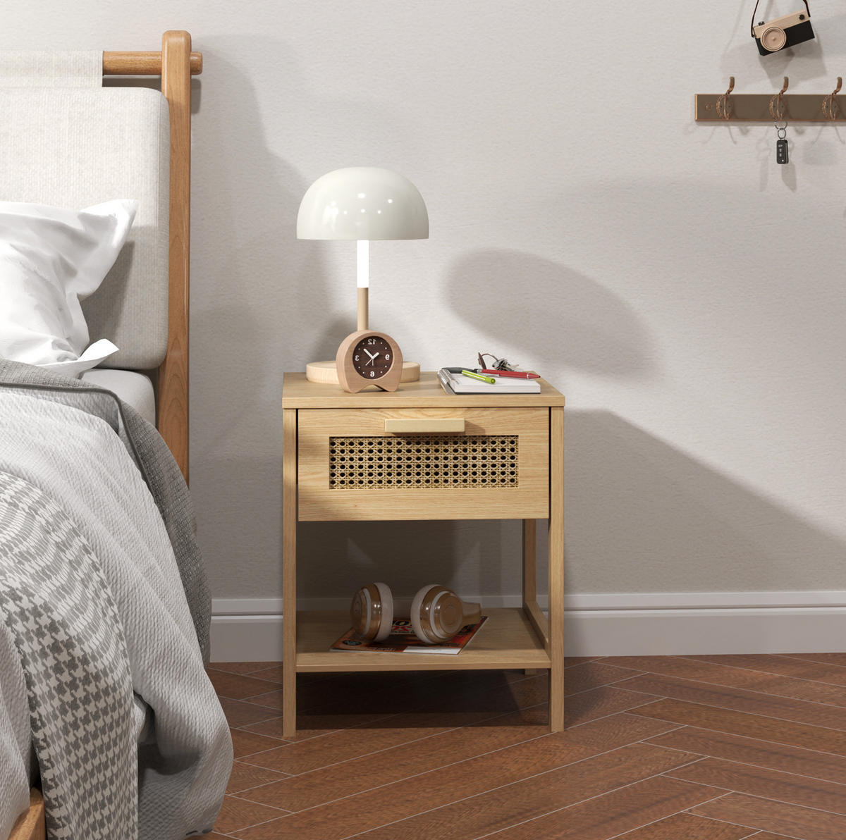 NACHTTISCH 40/40/48,4 cm in Natur mit Schublade und Rattan-Front - Hellbraun, Holz (40/48.4/40cm) - Flora Grace