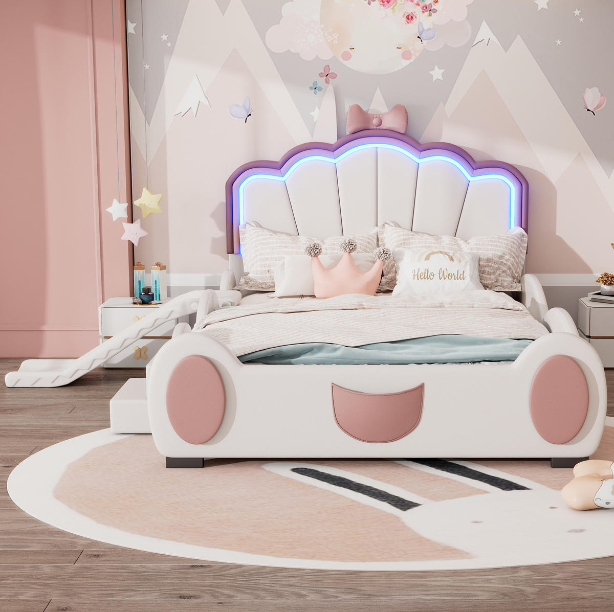 HAUSBETT 140/200 cm Rosa/Weiß aus PU und MDF mit Rutsche und Leiter - Rosa, Kunststoff (140/200cm) - OKMYHOME