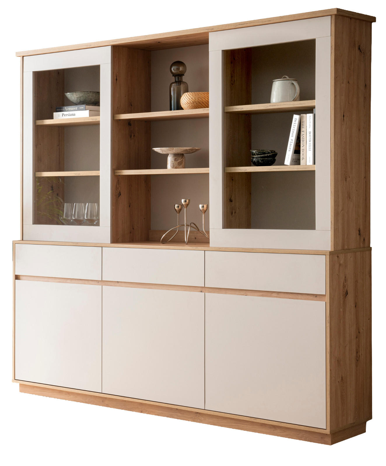 BUFFET Kaschmir, Eiche Artisan 202 cm, Vitrinenschrank mit Soft-Close - Kaschmir/Eiche Artisan, Glas/Holzwerkstoff (202/199/40cm) - Furn.Design