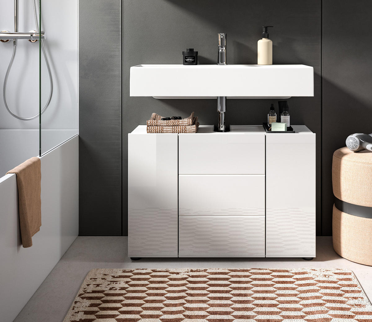 WASCHBECKENUNTERSCHRANK weiß Hochglanz 80 cm, Badezimmer Waschtisch 3-türig - Weiß Hochglanz/Schwarz, Holzwerkstoff/Kunststoff (82/56/34cm) - Inn.Furn