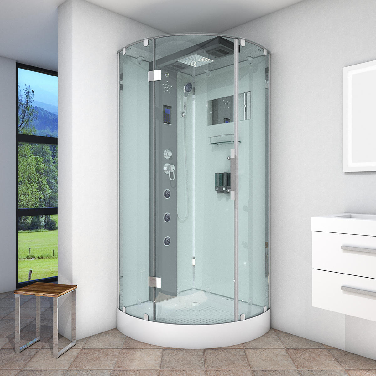 DUSCHKABINE Dusche D37-10L0 Weiß 90x90 - Weiß, Glas/Kunststoff (90/90/218cm) - AcquaVapore by Sandra Jentho