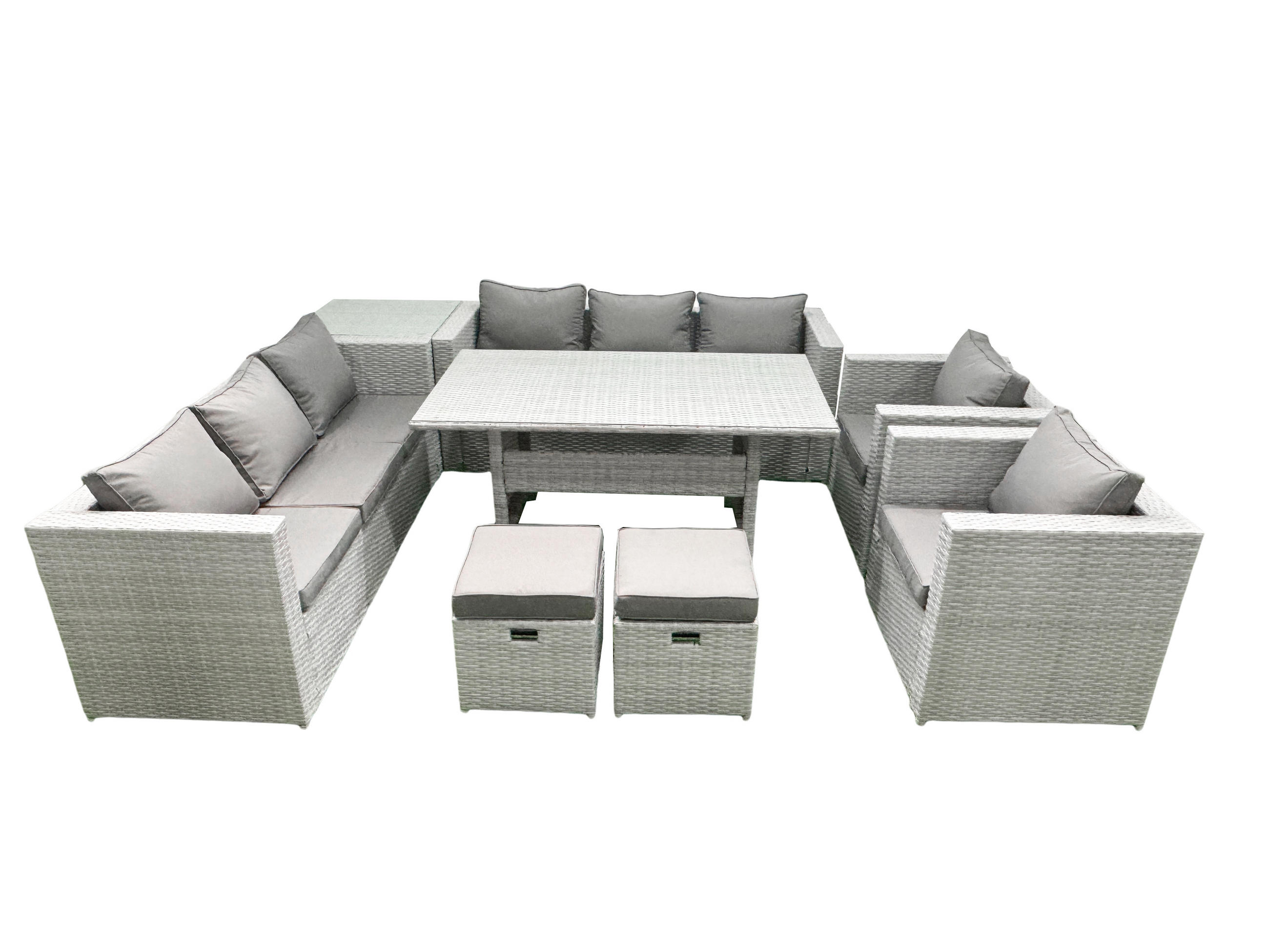 GARTENMÖBEL SET mit 3-Sitzer-Sofa und 2 Stühle, Esstisch,2 Hockern,Beistelltisch Polyrattan Hellgrau 10-Sitzer - Hellgrau/Grau, Glas/Kunststoff - Fimous