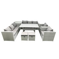 GARTENMÖBEL SET mit 3-Sitzer-Sofa und 2 Stühle, Esstisch,2 Hockern,Beistelltisch Polyrattan Hellgrau 10-Sitzer - Hellgrau/Grau, Glas/Kunststoff - Fimous