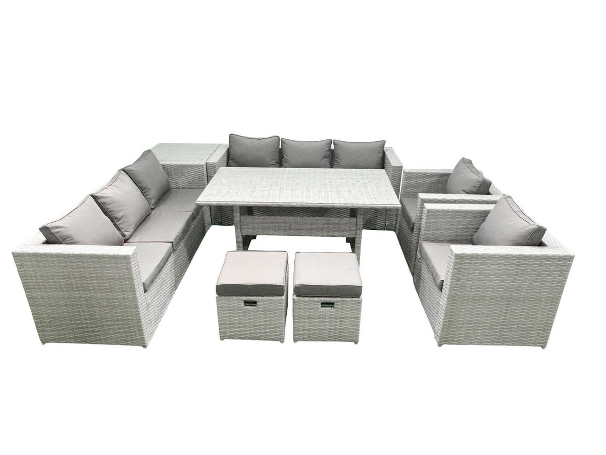 GARTENMÖBEL SET mit 3-Sitzer-Sofa und 2 Stühle, Esstisch,2 Hockern,Beistelltisch Polyrattan Hellgrau 10-Sitzer - Hellgrau/Grau, Glas/Kunststoff - Fimous